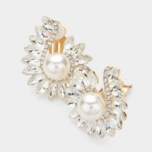 Gold Cream Pearl TearDrop Marquise Crystal Clip On Earrings 1.75 Inch ClipOns